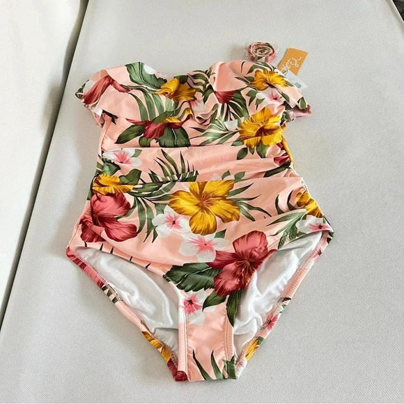 Flounce Front One Piece Swimsuit Kona Sol Hawaiian Floral Removeable Straps - Picture 1 of 15